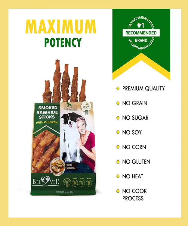 Packaging of smoked rawhide sticks with a label highlighting 'Maximum Potency' and 'Veterinarian Recommended'.