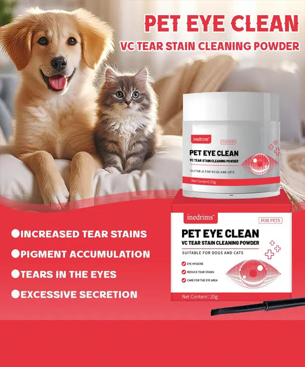 Pet Eye Clean VC Tear Stain Cleaning Powder packaging with a dog and cat on a red background
