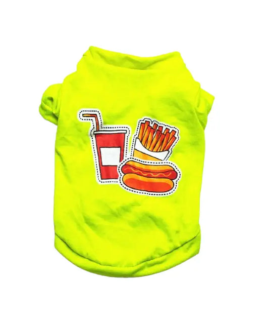 Neon green dog shirt with fast food graphics on a white background