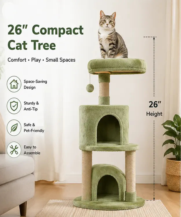 Green cat tree with a cat sitting on top, labeled as 26" Compact Cat Tree with features listed.