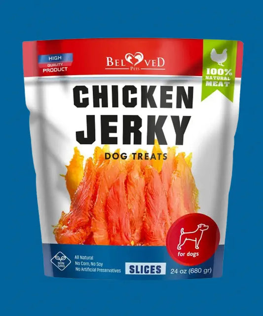 Package of Beloved Chicken Jerky dog treats on a blue background