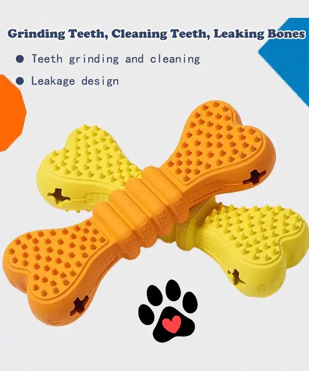 Orange and yellow dog chew toy shaped like a bone with text about dental care on a white background.