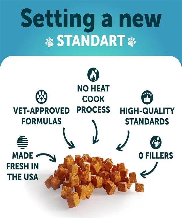 Dog food with text highlighting features like vet-approved formulas, no heat cook process, high-quality standards, made fresh in the USA, and no fillers.