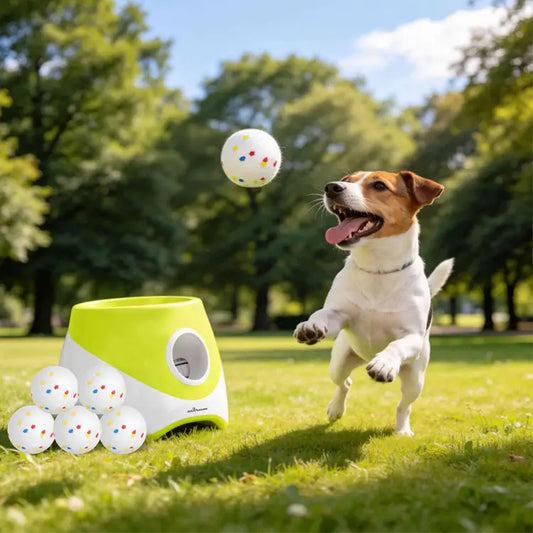 Dog playing with a ball near a ball launcher in a park