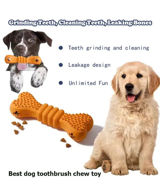 Dog chew toy with two dogs and text highlighting features on a white background