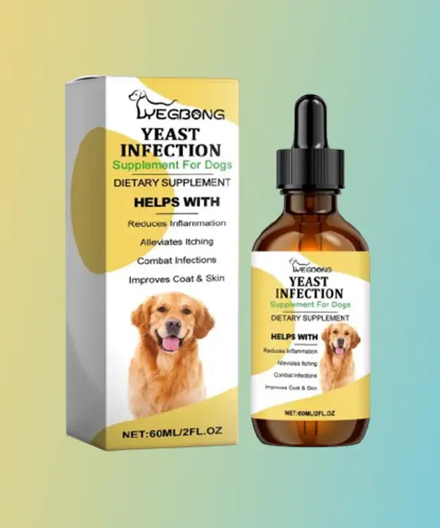 Wegbong Yeast Infection Supplement for dogs with bottle and packaging on a gradient background