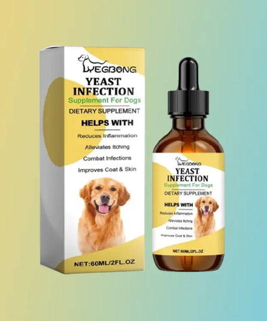 Wegbong Yeast Infection Supplement for dogs with bottle and packaging on a gradient background
