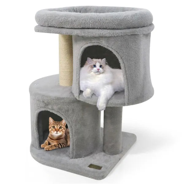 Gray cat tree with two cats on a white background