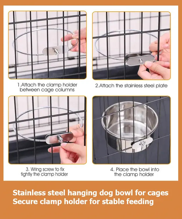 Step-by-step guide on how to attach a stainless steel hanging dog bowl for cages.