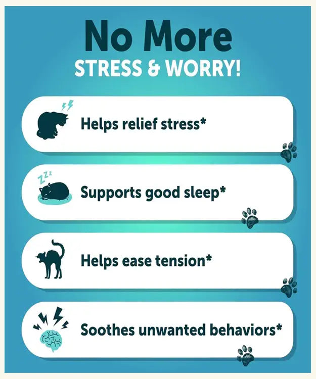 Promotional graphic for a product claiming to help relieve stress, support good sleep, ease tension, and soothe unwanted behaviors.