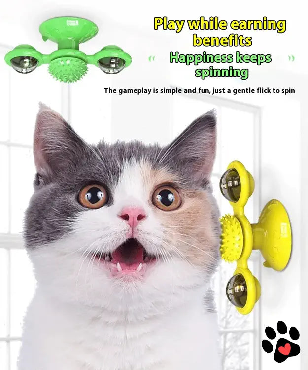 Cat looking at a yellow and green toy with text about playing and earning benefits.