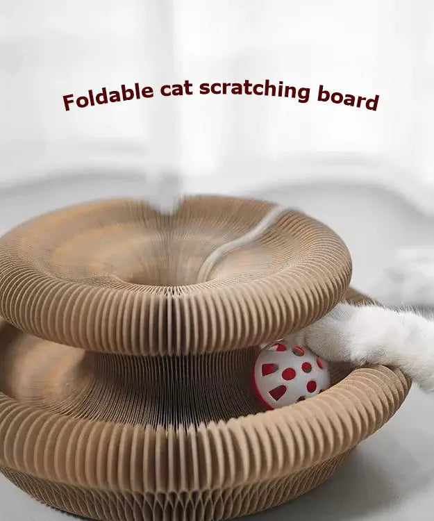 Foldable cat scratching board with a cat interacting with it on a white background