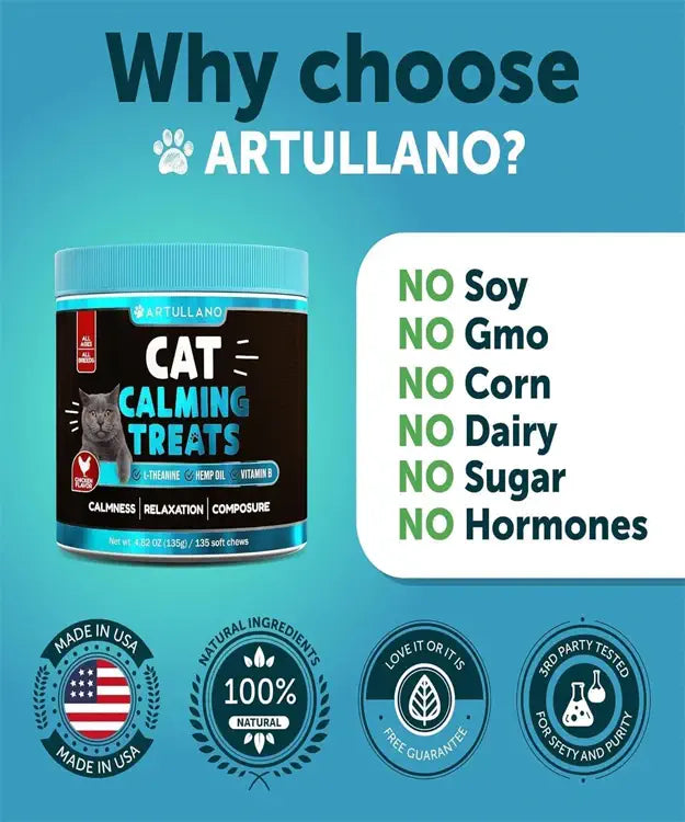 Artullano cat calming treats packaging with blue background and text highlighting benefits.