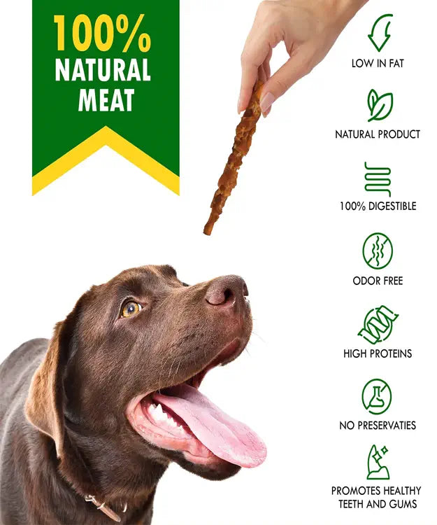 Dog looking at a treat held by a hand with product features listed on the side.