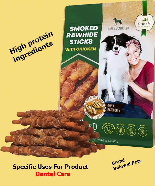 Packaging of smoked rawhide sticks with chicken for dogs, featuring a dog and a person on the packaging.