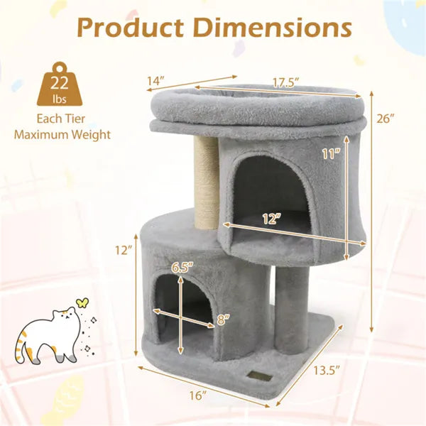 Dimensions of a gray cat tree with measurements on a light pink background