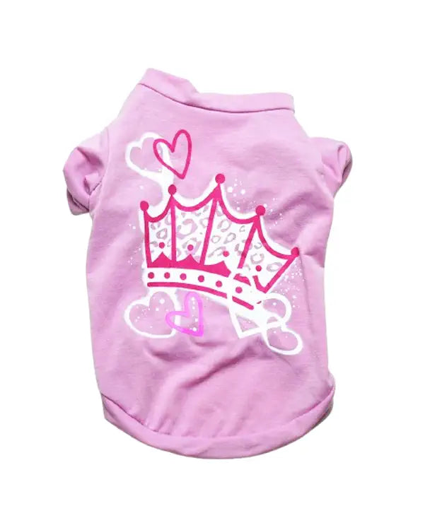 Pink pet shirt with a crown design on a white background