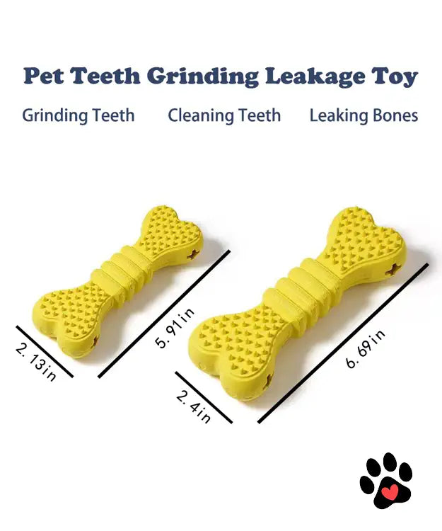 Yellow bone-shaped pet teeth grinding leakage toy with measurements on a white background