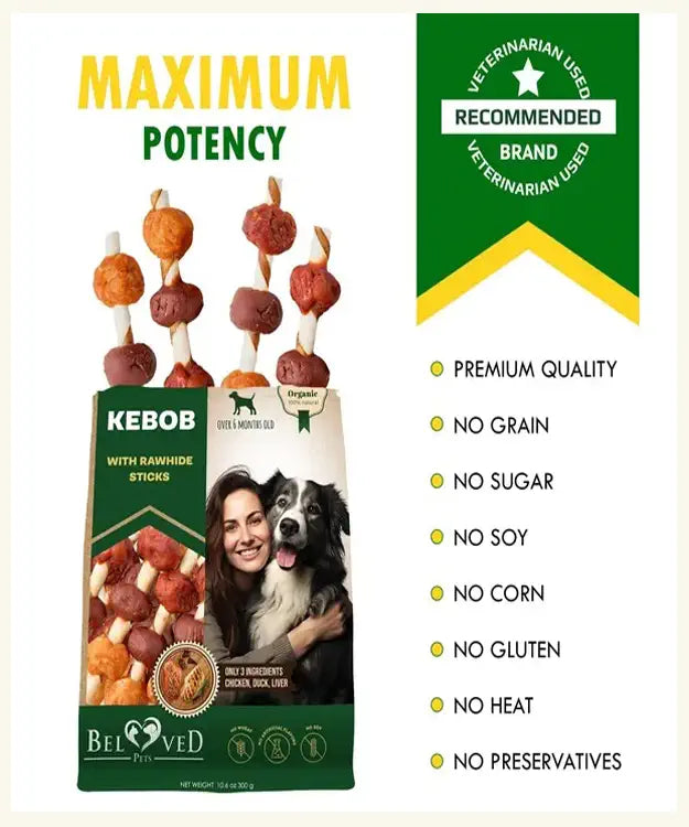 Dog treat packaging with branding and product details on a white background