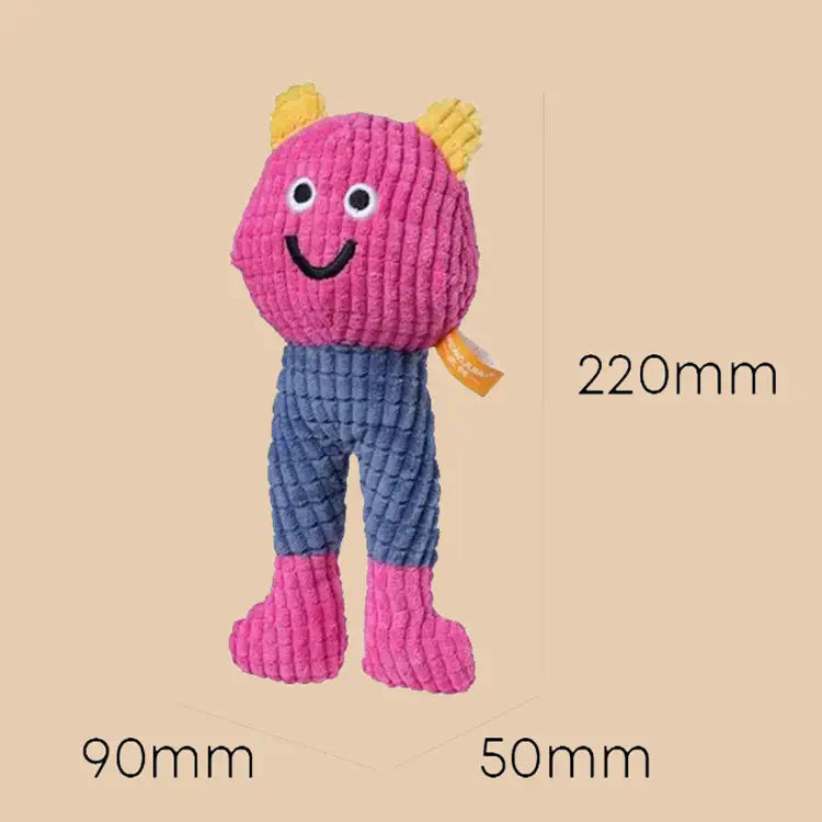 Plush toy with measurements on a beige background