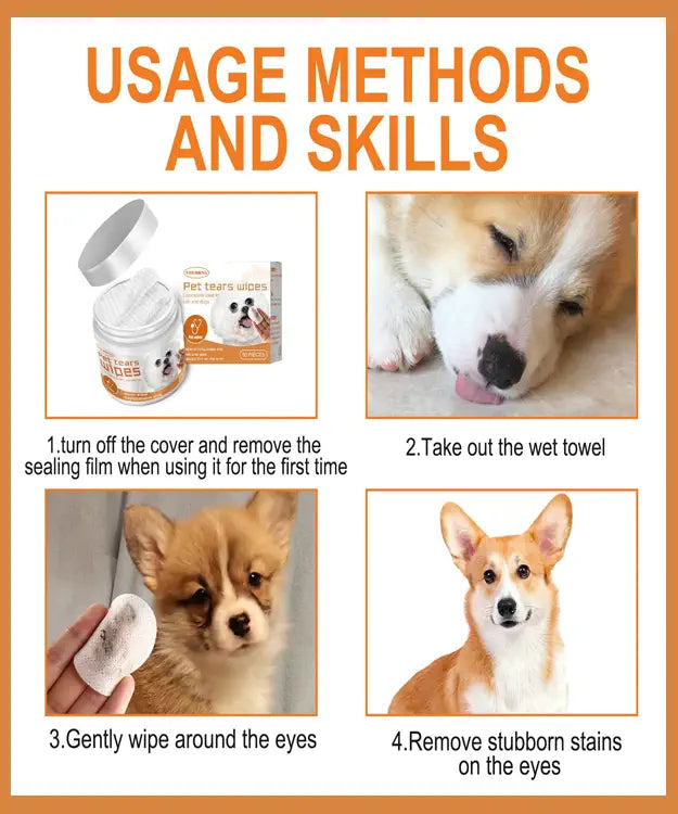 Instructions for using pet tear stain wipes with images of a dog and product.