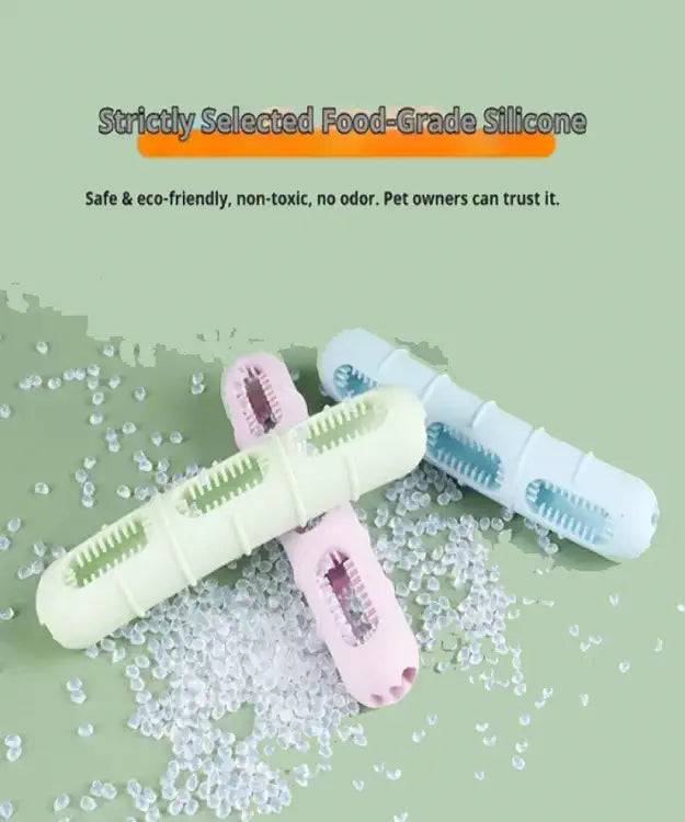 Three silicone pet toys on a green background with text about food-grade safety.