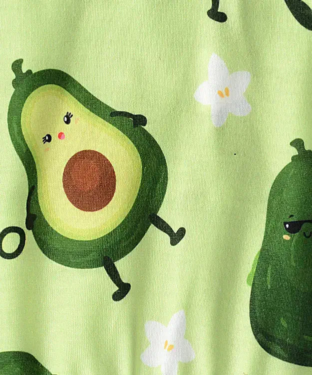 Avocado character with a flower on a green background