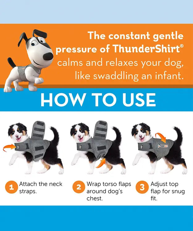 Instructions on how to use a ThunderShirt for dogs with images and text.