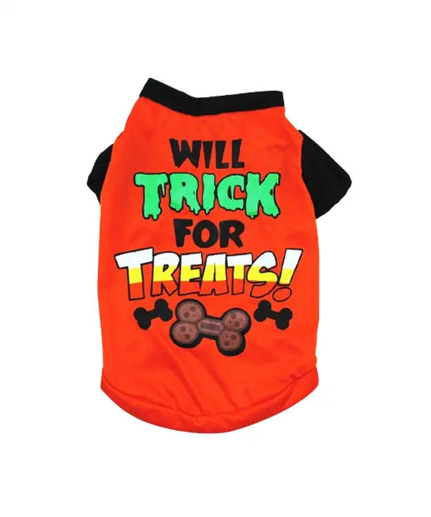 Orange dog shirt with 'Will Trick for Treats!' text on a white background