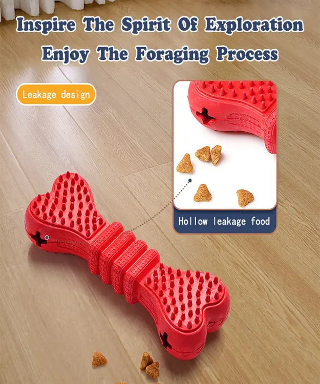 Red bone-shaped toy with a leakage design on a wooden floor, featuring text about encouraging exploration.