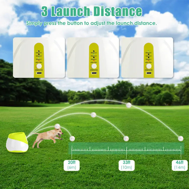 Dog toy with adjustable launch distance measurement on a grassy field