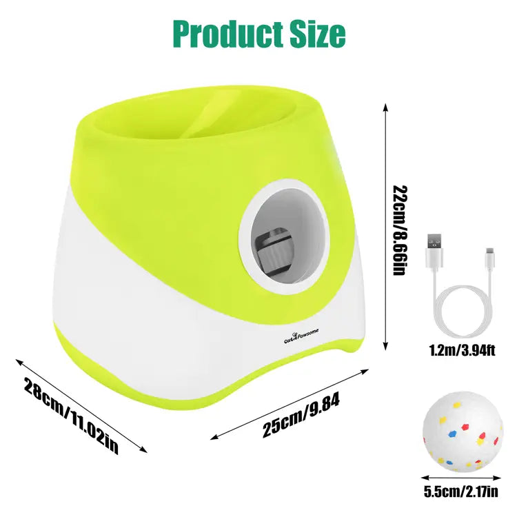 Green and white electronic device with USB cable and ball dimensions on a white background