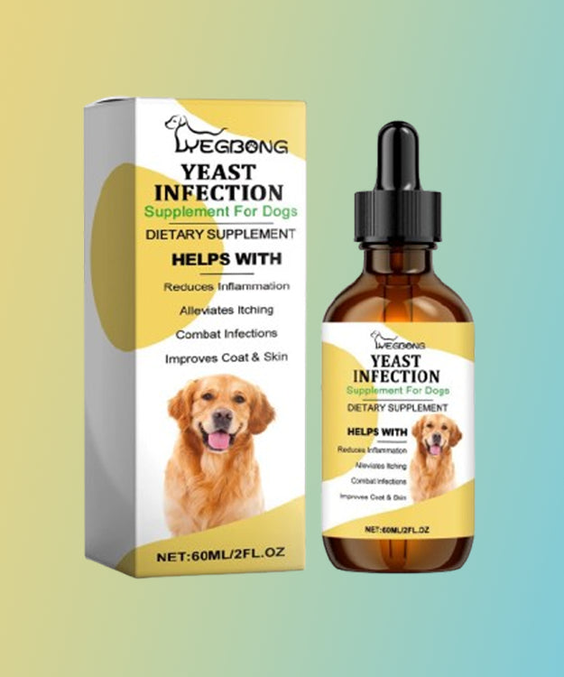 Wegbong Yeast Infection Supplement for dogs with bottle and packaging on a gradient background