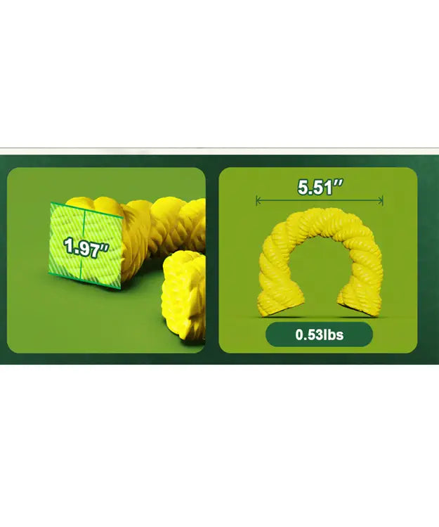 Yellow dog toy with measurements on a green background