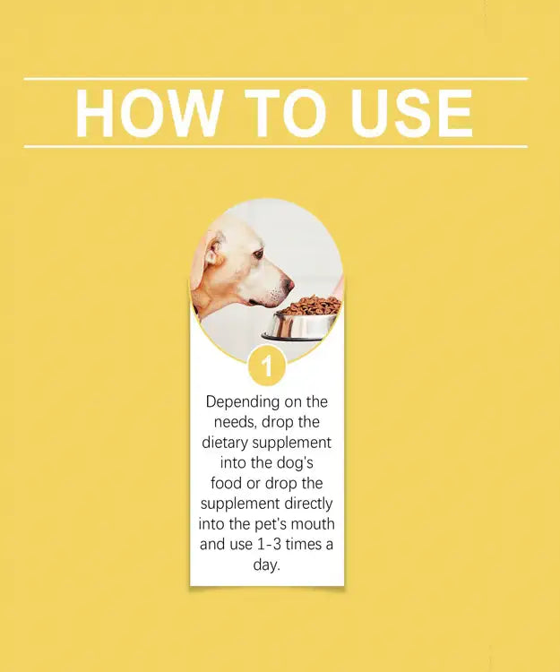 Instructions on how to use a dietary supplement for dogs on a yellow background