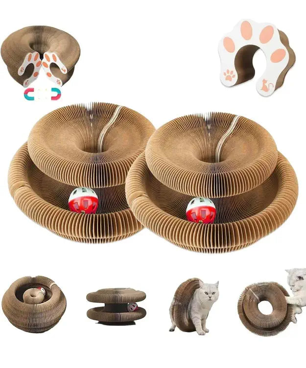 Two brown corrugated cat wheels with a red ball inside, surrounded by additional images of the product and cats interacting with it.