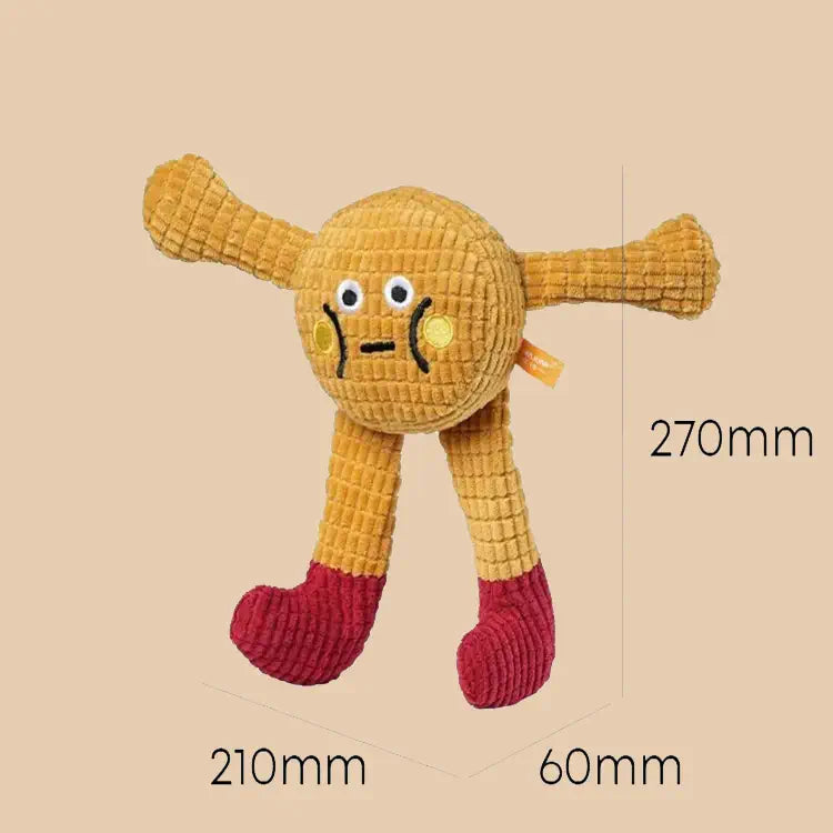 Yellow plush toy with measurement markings on a beige background
