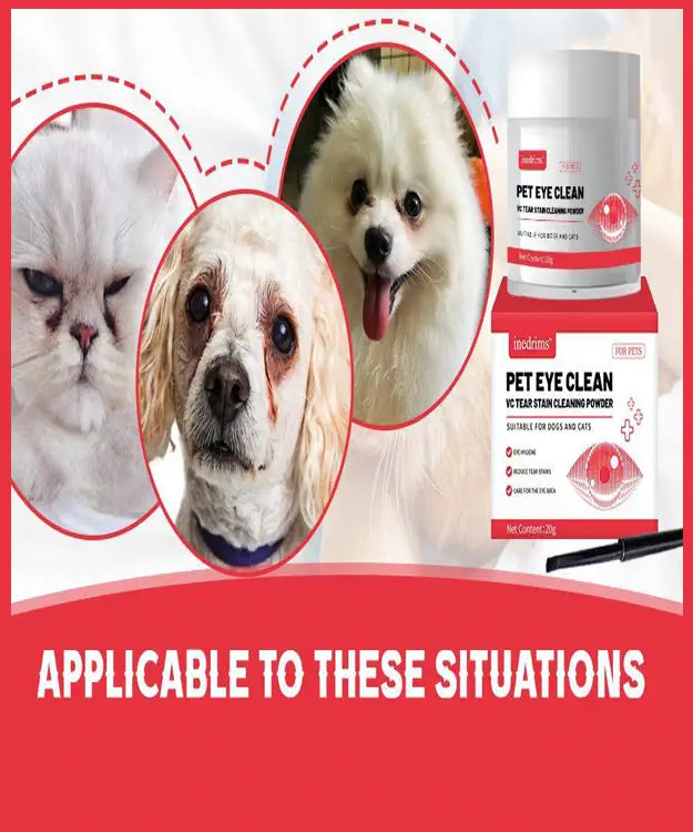 Pet eye cleaning product with images of a cat, dog, and bird on a red background.