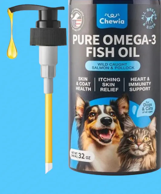 Chewia Pure Omega-3 Fish Oil bottle for pets on a blue background