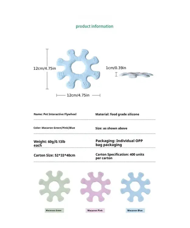 Product information card for a pet interactive flyer with dimensions, material, color options, and packaging details.