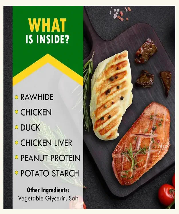 Product packaging with ingredients listed and images of rawhide, chicken, duck, and other components.