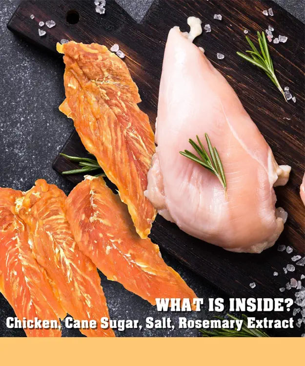 Raw chicken pieces on a cutting board with rosemary and salt, text overlay about ingredients.