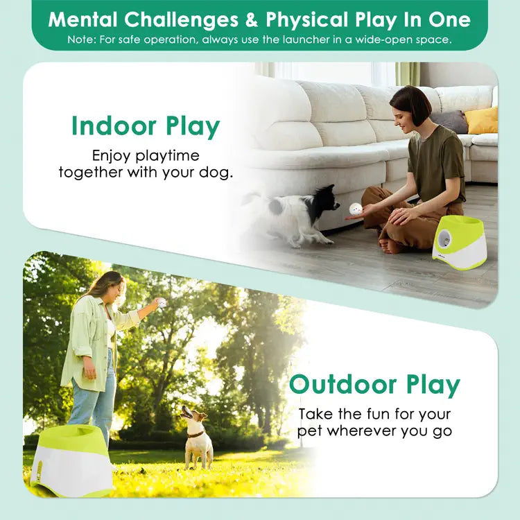 Promotional graphic for a product that combines indoor and outdoor play for pets, with text and images of a person and dog interacting.