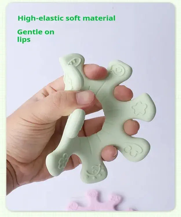 Hand holding a green silicone lip balm with text about material and gentleness on lips.