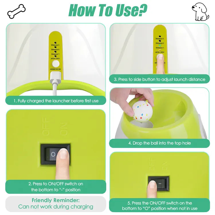 Instructions on how to use a green launcher device for balls, with text and images showing steps.