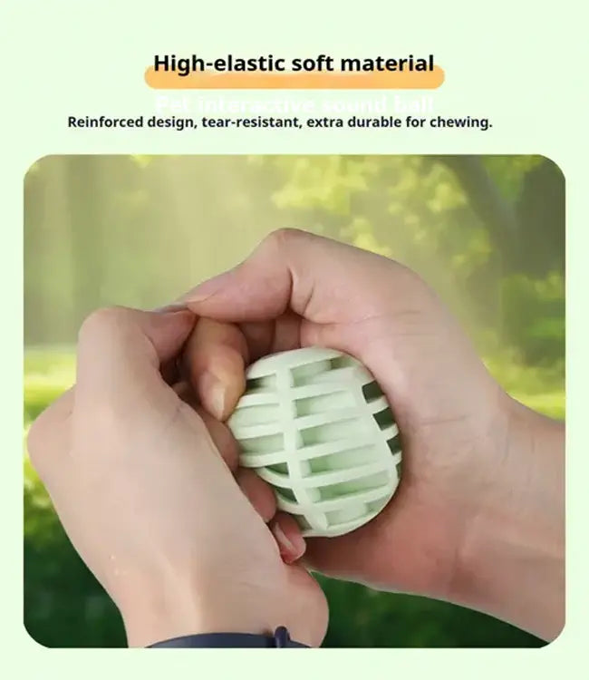 Green textured ball being held and squeezed by hands with a blurred green background