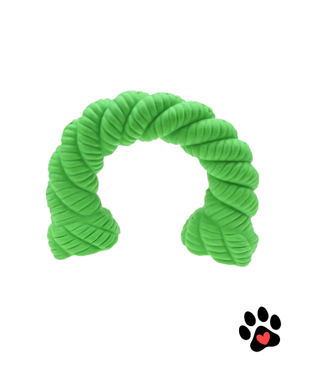 Green dog toy with a rope texture on a white background