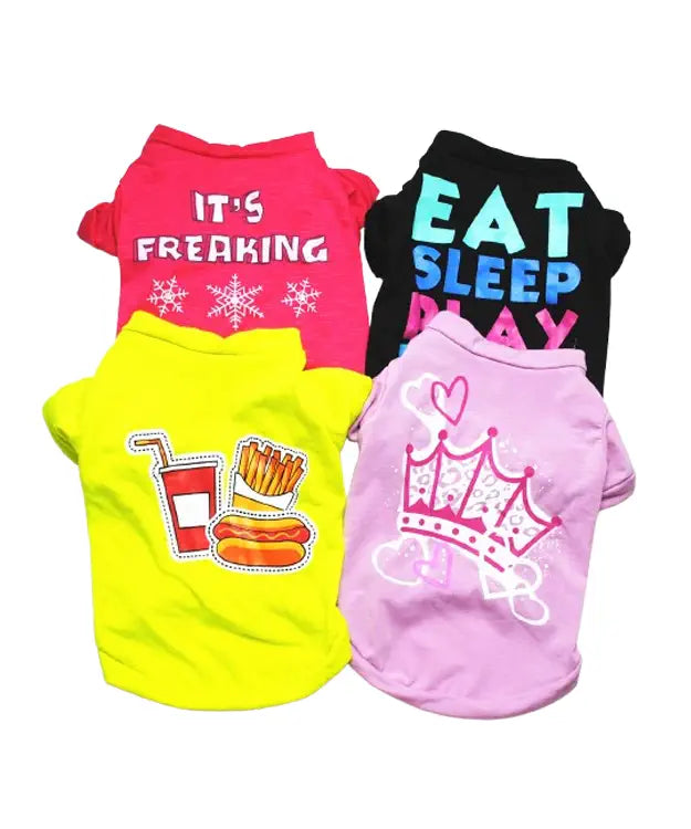 Four colorful pet shirts with different designs on a white background