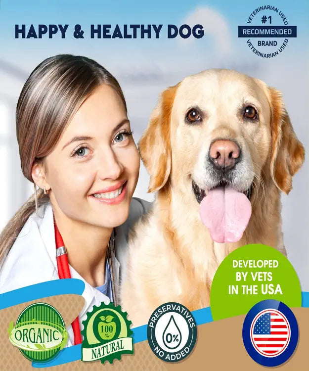 Woman in a white coat with a dog, featuring branding elements on a light blue background.