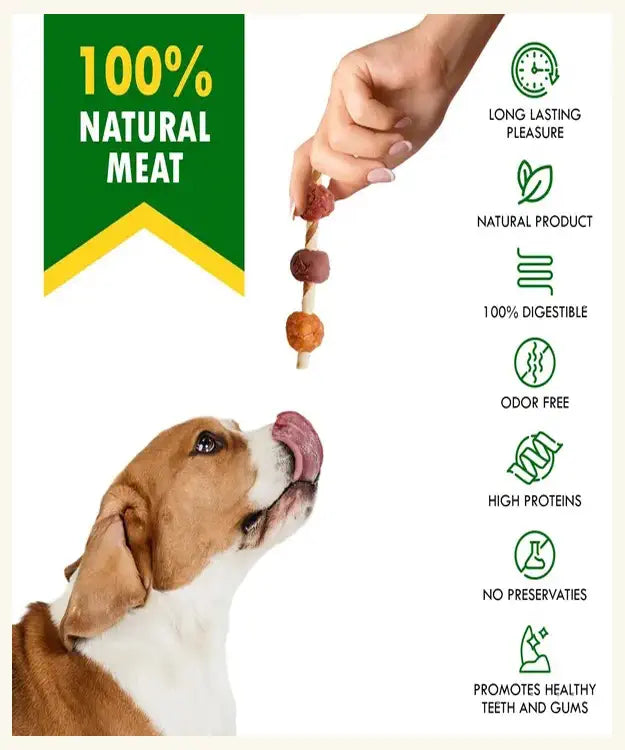 Dog chew treat with a hand holding it, labeled as 100% natural meat product.